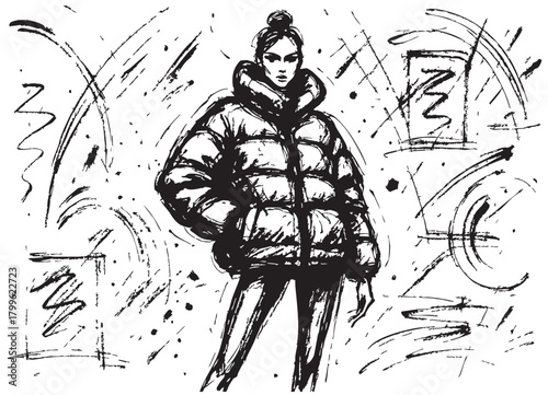 Abstract fashion model in dress hand drawn ink doodle, sketch, outline black and white vector fashion illustration