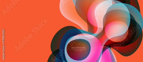 Abstract fluid shapes overlap, creating vibrant color gradients. Orange background complements flowing design elements. Modern aesthetic.