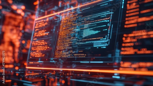 Digital screen displaying programming code and cybersecurity data