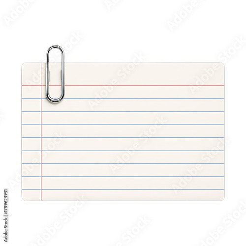 Horizontal blank white index card featuring blue lines and a red margin, securely fastened by a silver paperclip, on a transparent background