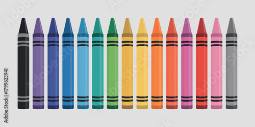School supply crayon set in various color including black, blue, turquoise, teal, green, yellow, orange, red, pink, purple, brown, and gray crayons