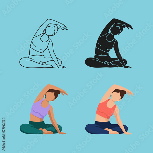 Woman practicing yoga in seated side bend pose line art vector design