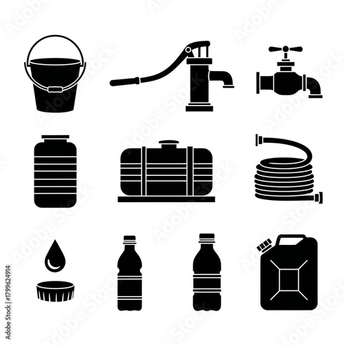 Water Supply Utility Icon Set – Silhouette Vector Collection of Faucets, Pipes, Taps, Hose, Jerrycan, and Storage Containers


