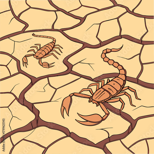 Adobe Illustrator Artwork: A vector illustration of two scorpions on a cracked arid ground of their natural habitat