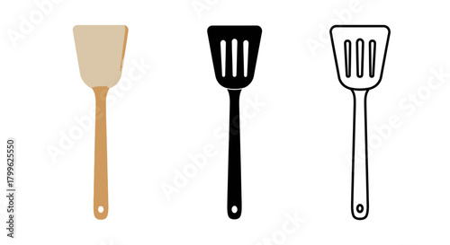 Minimalist illustration of three sets of kitchen utensil spatula silhouettes, Symbolizing the simplicity of kitchen tools, flat vector design.