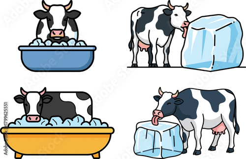 Cartoon cows bathing in tub and playing with ice cubes  