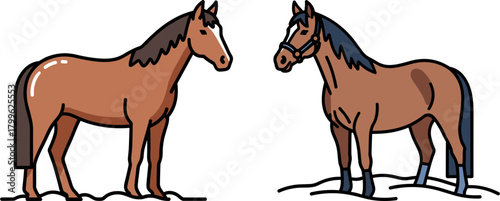 Two cartoon horses standing side by side on a white background  