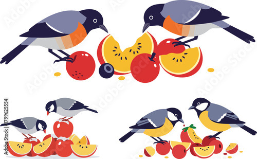 Colorful birds eating fruits in playful, whimsical style  