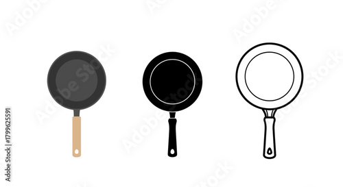Minimalist illustration of three sets of frying pan silhouettes, Symbolizing minimal cooking essentials, flat vector design.