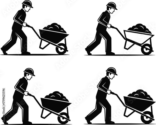 Construction worker pushing loaded wheelbarrow silhouette, heavy labor occupation illustration, industrial workforce concept, black vector design, construction equipment icon 
