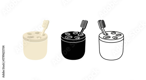Minimalist illustration of three sets of toothbrush holder silhouettes, Symbolizing tidy bathroom minimalist, flat vector design.