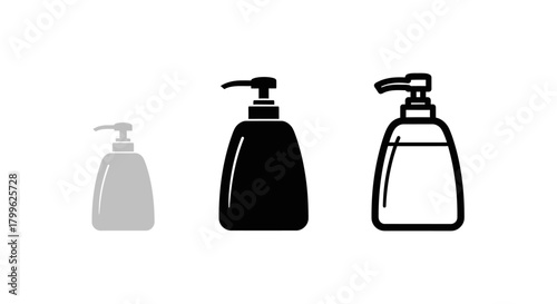 Minimalist illustration of three sets of soap dispenser silhouettes, Symbolizing functional cleanliness, flat vector design.