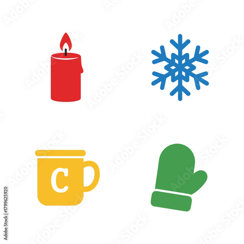 Cozy winter icons: candle, snowflake, mug, and mitten set Vector, illustration