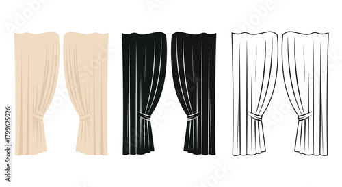 Minimalist illustration of three sets of curtain silhouettes, Symbolizing gentle minimal home decor, flat vector design.