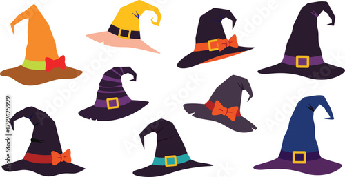 Collection of colorful witch hats with decorative bows and buckles in various shapes and styles, perfect for Halloween designs and illustrations, cad drawing flat vector illustration