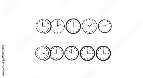 Minimalist illustration of three sets of clock silhouettes, Symbolizing time-conscious minimal living, flat vector design.