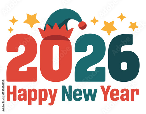 Festive 2026 New Year vector graphic featuring an elf hat and stars perfect for holiday greetings