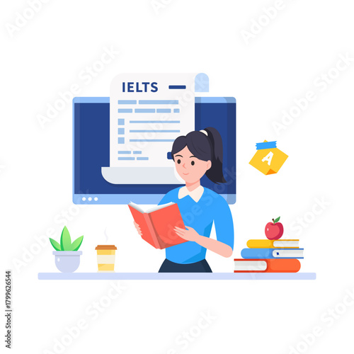 English Proficiency Test and Exam. IELTS International English Language Testing System. Flat vector illustration.