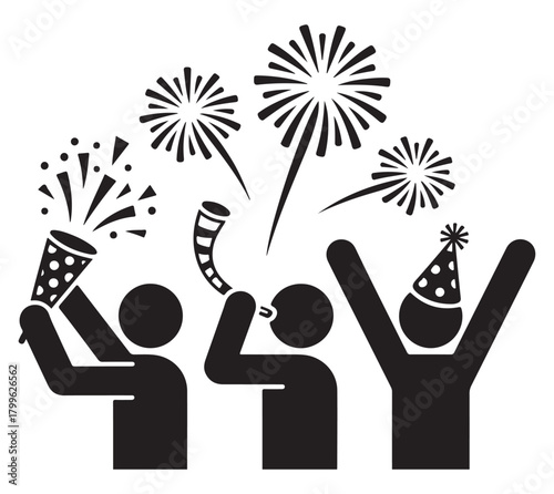 People celebrating with party favors simple black vector illustration for new year or birthday