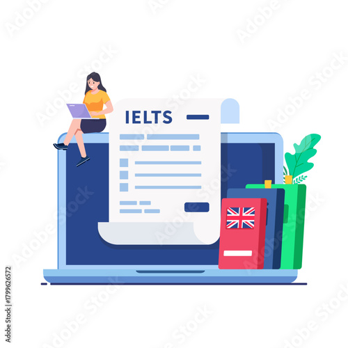 English Proficiency Test and Exam. IELTS International English Language Testing System. Flat vector illustration.