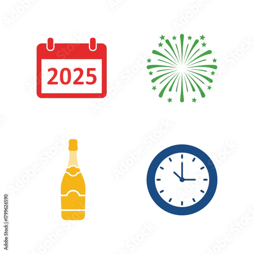New year 2025 celebration icons: calendar, fireworks, champagne, clock - festive vector elements Vector, illustration