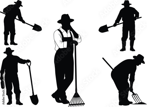 farmer, agriculture, silhouette, worker, rural, shovel, rake, farming, tool, labor, field, vector, countryside, occupation, gardener