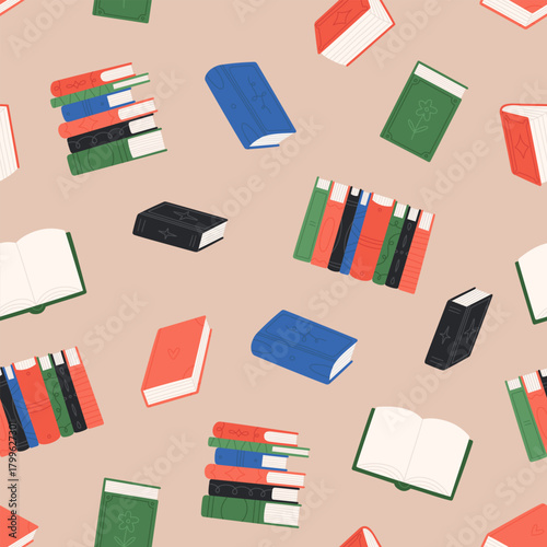 Seamless pattern with different books. Illustrations in flat style. Stack of books. Book covers. Vector texture on beige background for wrapping paper.