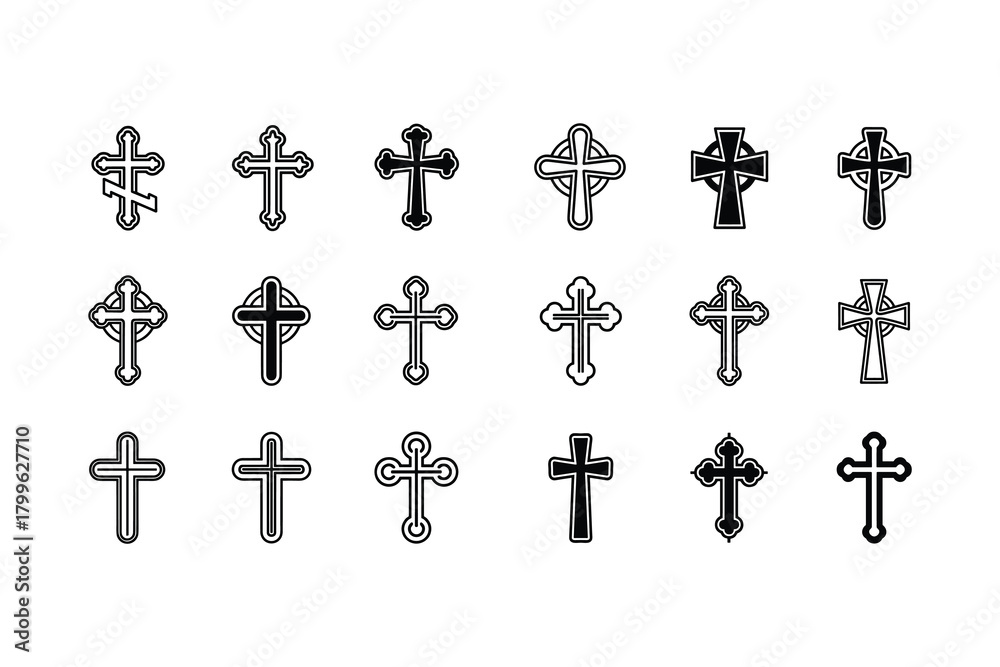 Fototapeta premium Christian cross icon set. Religious symbol and various crucifix vector signs.