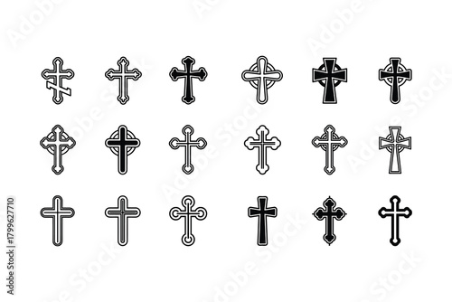 Christian cross icon set. Religious symbol and various crucifix vector signs.
