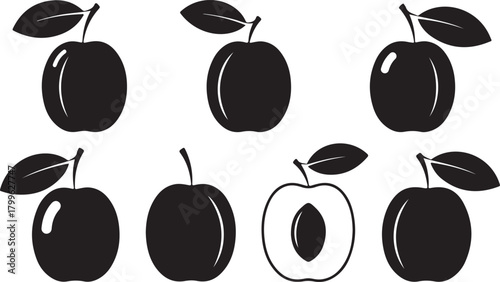 Black Plum Fruit Silhouette Vector Set – Minimal Plum Icon Collection, Fresh Organic Fruit Clipart, Summer Plum Line Art Illustration, Black and White Plum Shape for Logo Design and Packaging