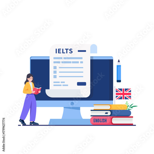 English Proficiency Test and Exam. IELTS International English Language Testing System. Flat vector illustration.