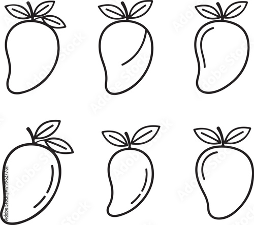 Simple Mango Fruit Outline Vector Set – Minimalist Mango Icon Collection for Logo Design, Tropical Fruit Line Art Illustration, Black and White Mango Drawing for Graphic Design and Print