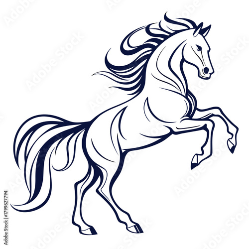 Stylized horse rearing up with flowing mane and tail design