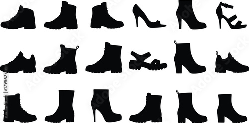 Footwear silhouettes vector illustration, stylish shoe collection, fashionable boots heels and sandals icons, modern fashion design elements for apparel and branding.