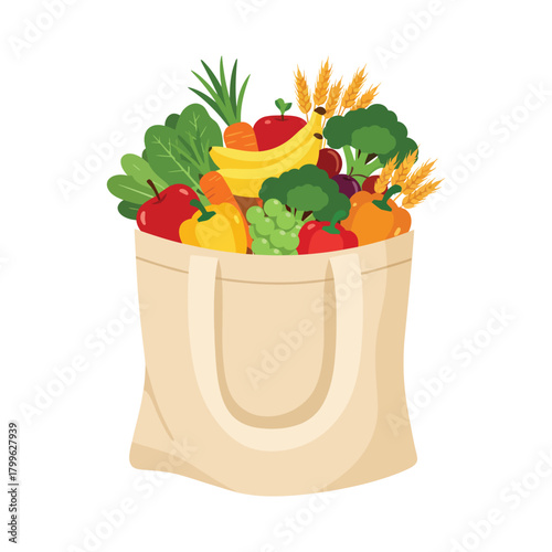 Eco-friendly reusable shopping bag filled with fresh organic fruits and vegetables for a healthy diet