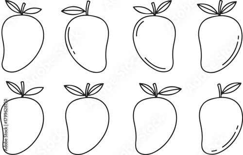 Mango Fruit Outline Vector Set – Minimalist Tropical Mango Icons Collection, Simple Black and White Mango Line Art Illustration, Organic Summer Fruit Drawing for Logo Design and Packaging