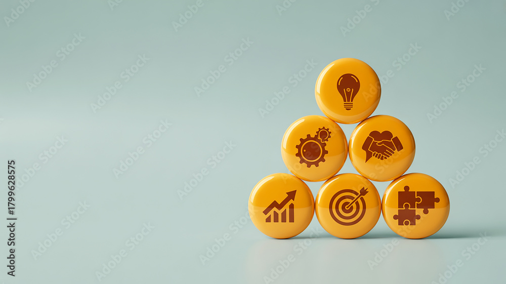 Fototapeta premium Pyramid of yellow circles with business icons representing strategy, growth, and innovation