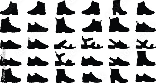 Footwear silhouettes vector illustration, stylish shoes and boots collection, casual sneakers and sandals icons, modern fashion footwear design elements for branding.