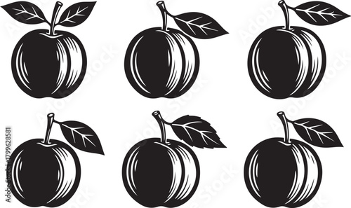 Vintage Plum Fruit Silhouette Vector Set – Retro Black and White Plum Icons with Leaves, Classic Engraved Fruit Illustration, Organic Farm Food Design for Logo, Label, and Packaging Template