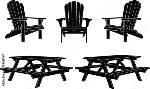 Outdoor wooden adirondack chairs and picnic tables vector silhouette illustration, garden furniture design, black and white CAD drawing flat vector illustration