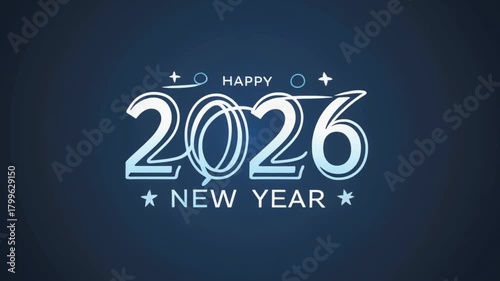 Happy New Year 2026 Celebration Festive Design on Blue Background.
