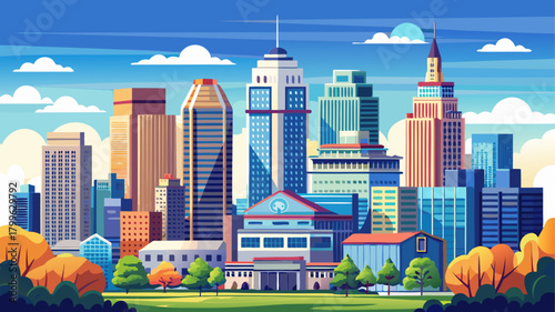 Very beautiful downtown Newark skyline with modern towers and historic buildings rising together under a clear blue sky, creating a dynamic and evolving urban landscape.