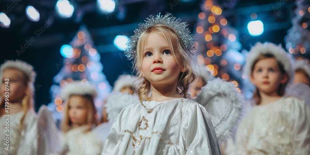 Fototapeta premium Young child in white angel costume with silver halo and wings performs in school nativity play amid twinkling lights. Innocent holiday pageant wonder, magical children's Christmas theater vibe.