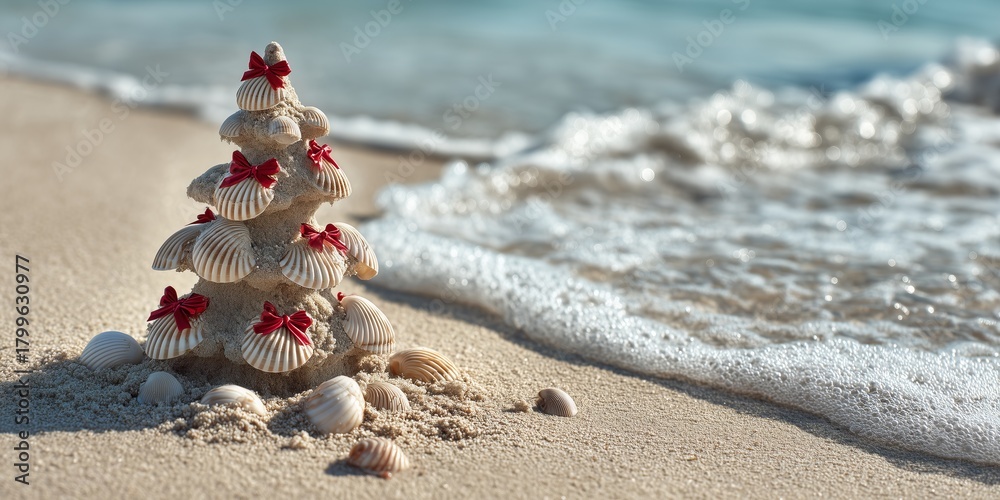 Obraz premium Sand Christmas tree adorned with seashells and red ribbon bows on sunny tropical beach with ocean waves. Whimsical coastal holiday craft, relaxed seaside festive vibe.