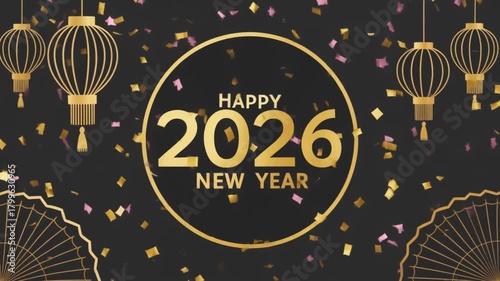 Happy New Year 2026 Celebration with Lanterns and Confetti.
