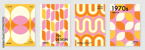 Collection of 70s color gradient poster background vector. Set of retro wall decoration, groovy, trippy, geometric shape. Vintage hippie wall art for interior, decorative, banner, cover, card.