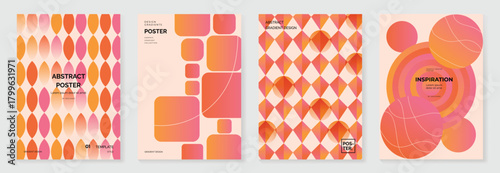 Collection of 70s color gradient poster background vector. Set of retro wall decoration, groovy, trippy, geometric shape. Vintage hippie wall art for interior, decorative, banner, cover, card.