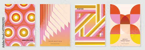 Collection of 70s color gradient poster background vector. Set of retro wall decoration, groovy, trippy, geometric shape. Vintage hippie wall art for interior, decorative, banner, cover, card.