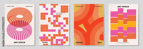 Collection of 70s color gradient poster background vector. Set of retro wall decoration, groovy, trippy, geometric shape. Vintage hippie wall art for interior, decorative, banner, cover, card.