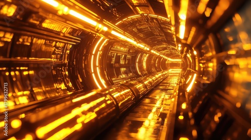 Fototapeta Naklejka Na Ścianę i Meble -  Futuristic golden glowing sci fi tunnel corridor